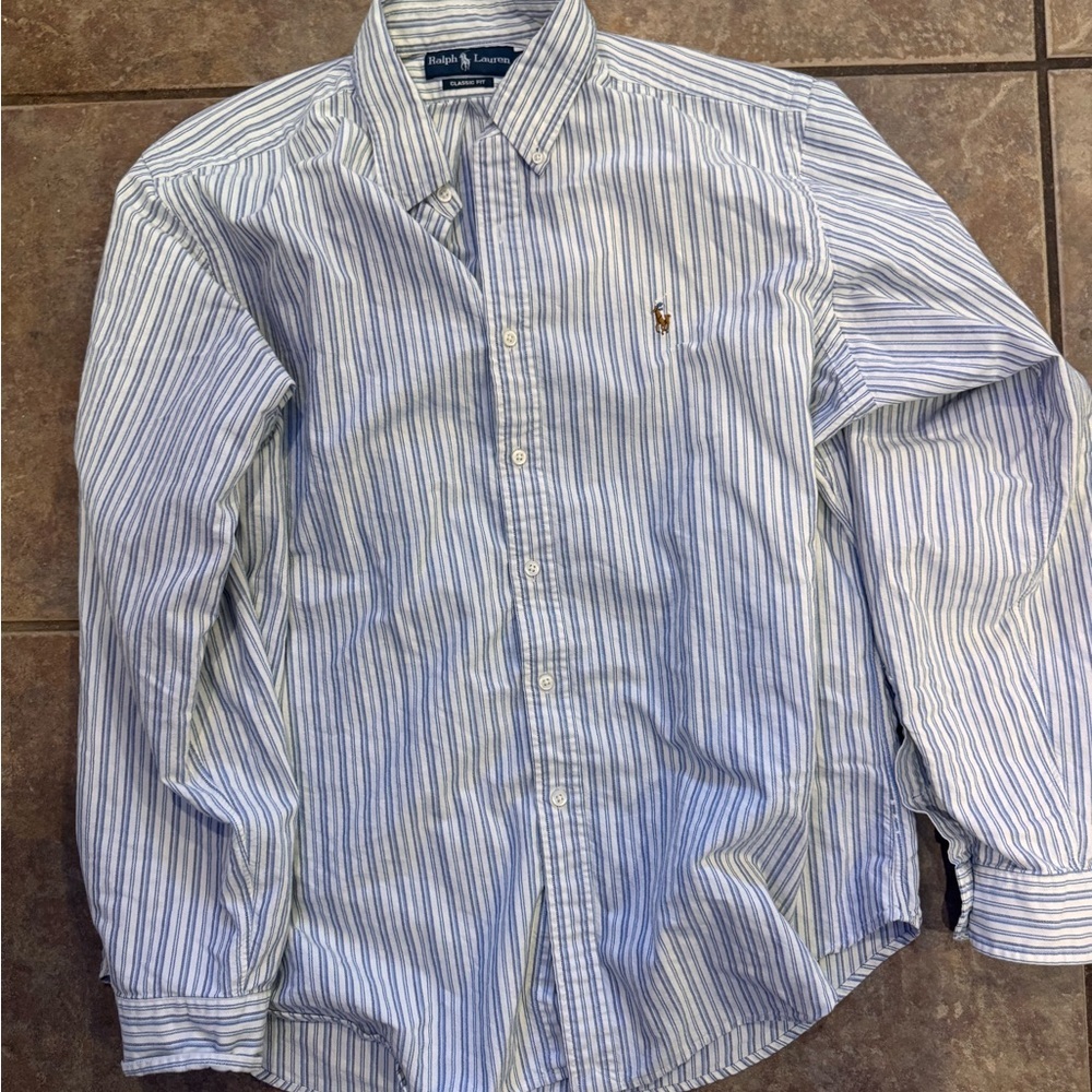 Ralph Lauren Men's Blue and White Striped Shirt